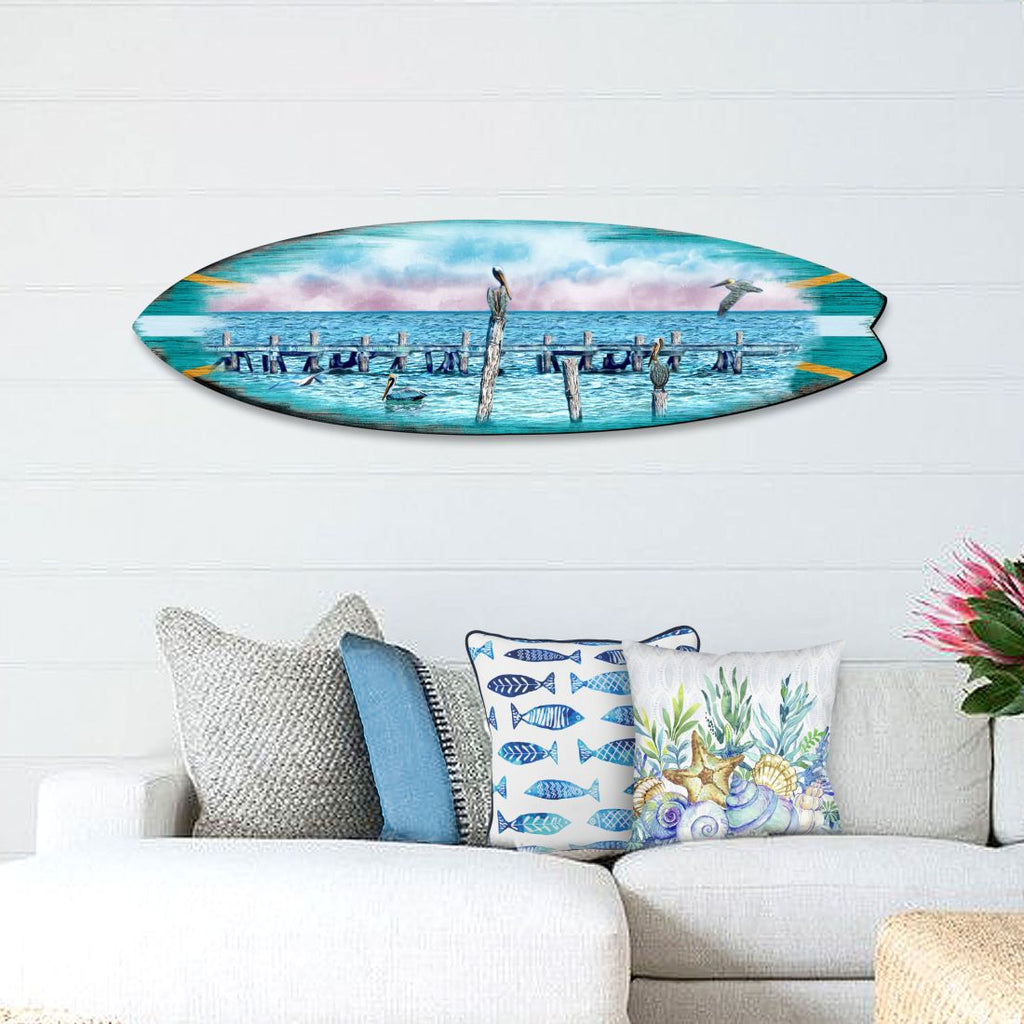Seabirds Pelicans Surfboard Coastal Door Art by G. DeBrekht - Coastal Sea-Life Decor - 8490106HS