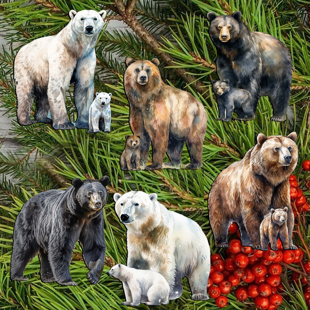 Bear Adventures Clip-On Eco Wood Decorative Ornaments Set of 6 by G. Debrekht - Wildlife Decor - 8090105C-S6