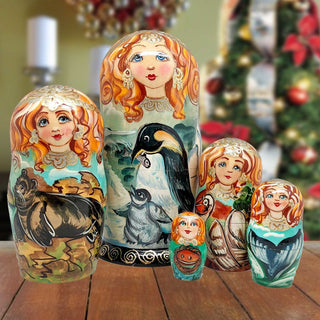 Penguins Family Matreshka Nesting Hand-Painted Doll Set of 5 by G. DeBrekht - Coastal Holiday Decor - 140811