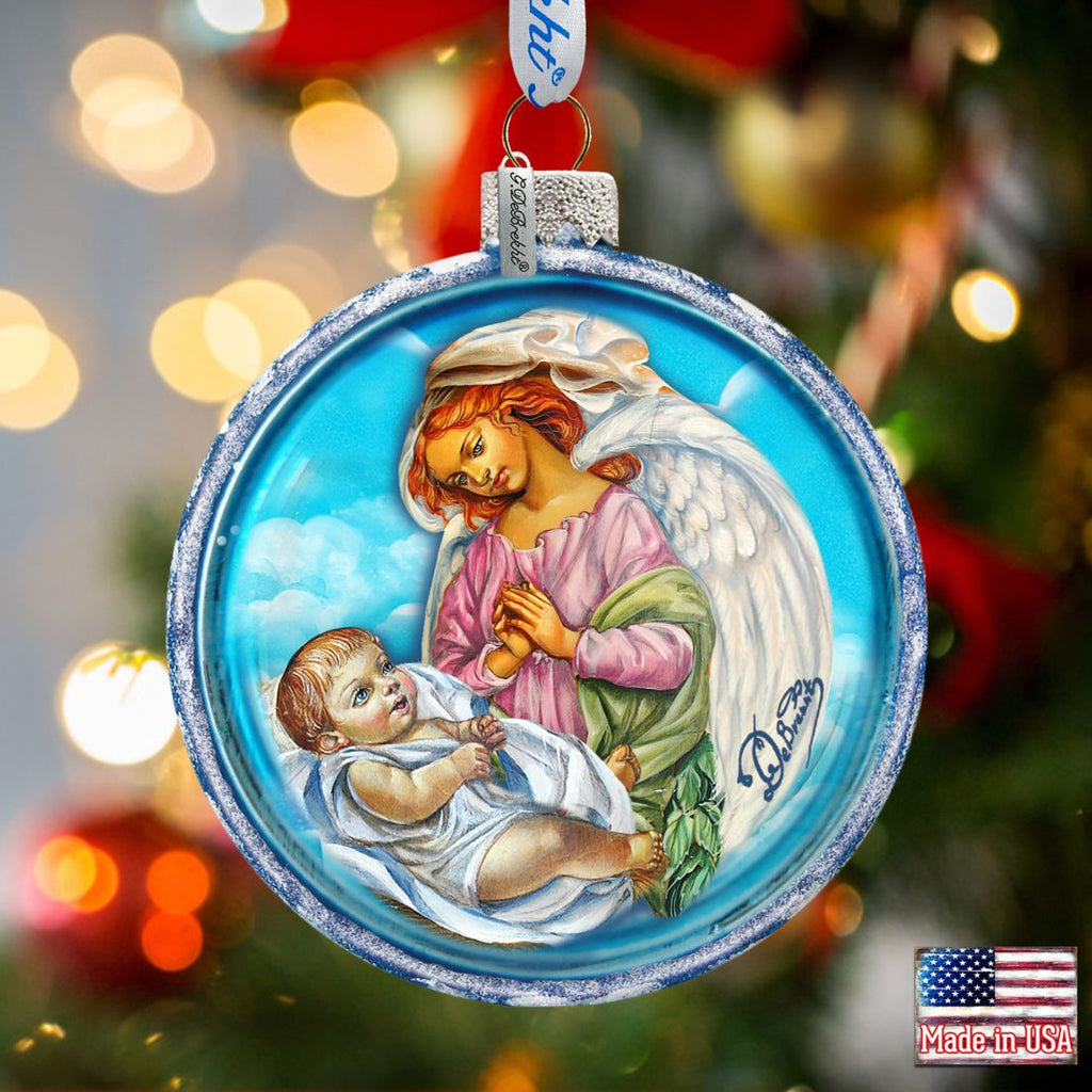 Jesus and Angel Cut Ball Glass Ornament by G. DeBrekht - Nativity Holiday Decor - 764-006