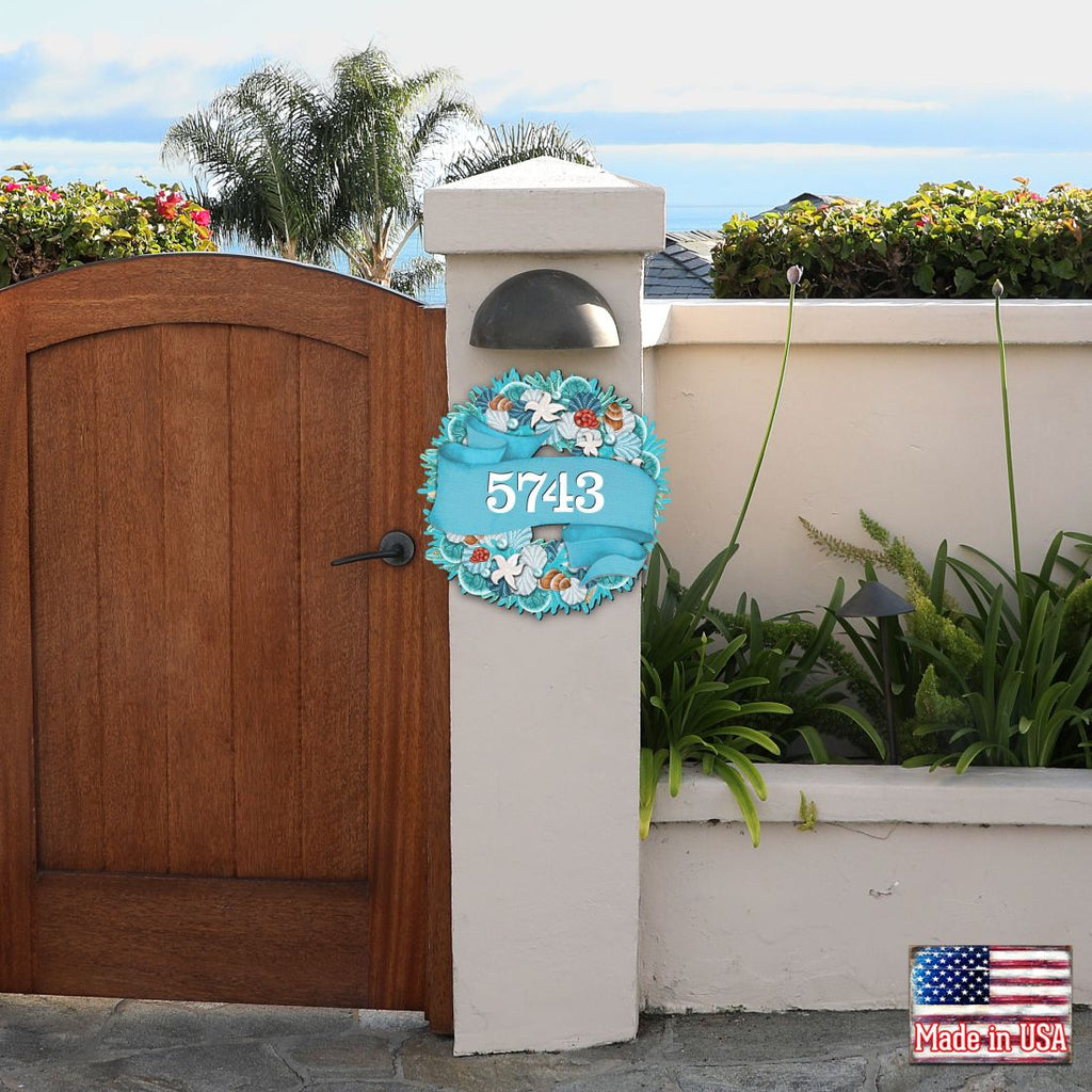 Coastal Wreath Wooden Personalized House Number Sign by G. Debrekht - Coastal Sea-Life Decor - Handcrafted Wooden Address Sign - MA81853062