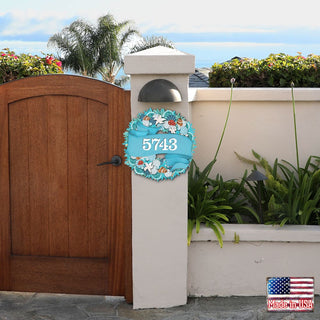 Coastal Wreath Wooden Personalized House Number Sign by G. Debrekht - Coastal Sea-Life Decor - Handcrafted Wooden Address Sign - MA81853062