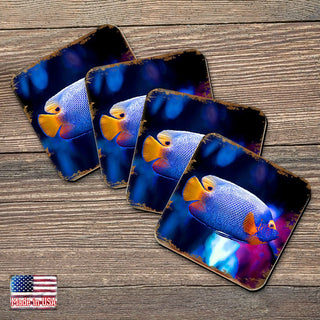 Tropical Fish Coastal Wooden Cork Coasters Gift Set of 4 by Nature Wonders - Coastal Sea-Life Decor - 95251C-S4