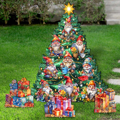 Gnomes-Themed Christmas Tree Set Outdoor Indoor Decor Wooden Christmas Decoration by G. Debrekht Christmas Decor - 8191512F-G