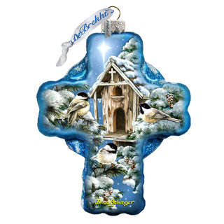 Winter Birds House Icon Cross Glass Ornament by D. Gelsinger - Nativity Holiday Decor - 758-022-DG