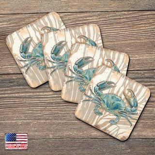 Crab Wooden Cork Coastal Coasters Gift Set of 4 by Nature Wonders - 95224-2C-S4