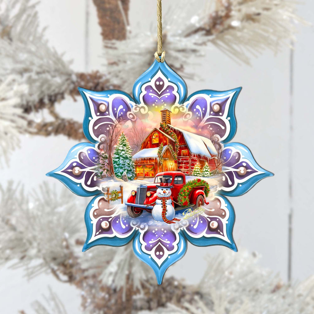 Christmas Red Barn Snowflake Large Wooden Ornament by G. Debrekht - Christmas Decor - 8688429M