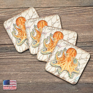 Octopus Coastal Wooden Cork Coasters Gift Set of 4 by Nature Wonders - Coastal Sea-Life Decor - 8198626C-S4