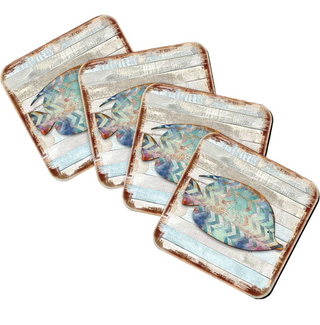 four square coasters with a zigzag pattern and a leaf design.