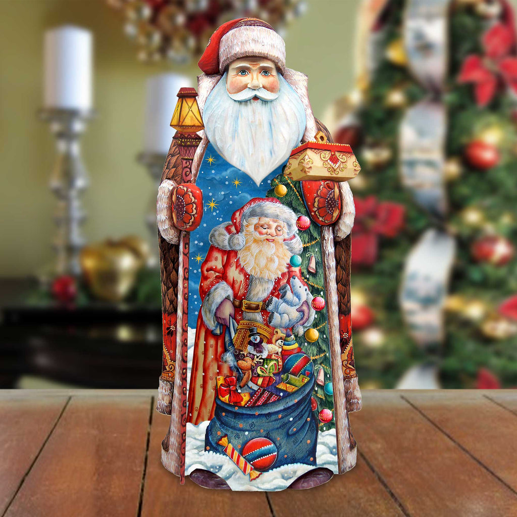 Gift-Giver Bag Santa Hand-Painted WOODCARVED Masterpiece Figurine by G. DeBrekht - Santa Snowman Christmas Decor - 215865