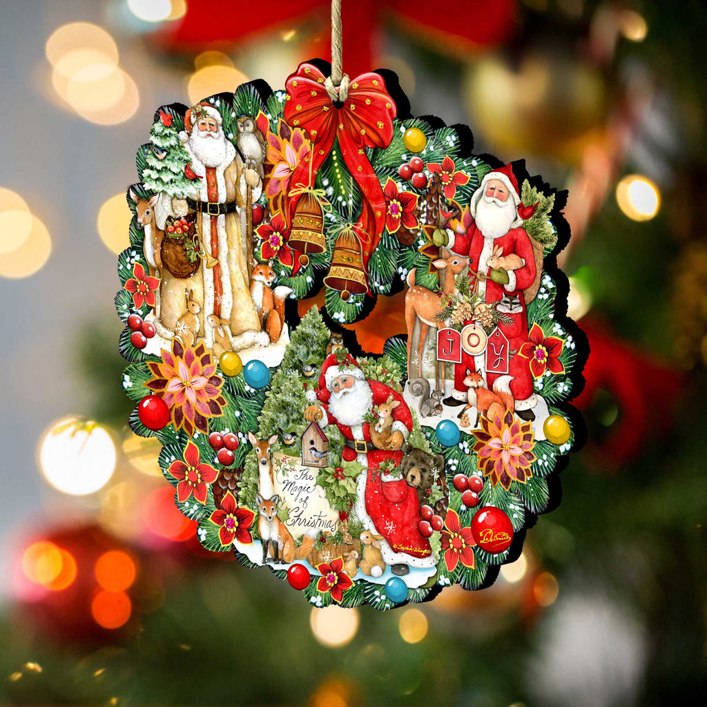 A decorative Christmas wreath with various holiday-themed elements, including Santa Claus, reindeer, flowers, and ornaments.