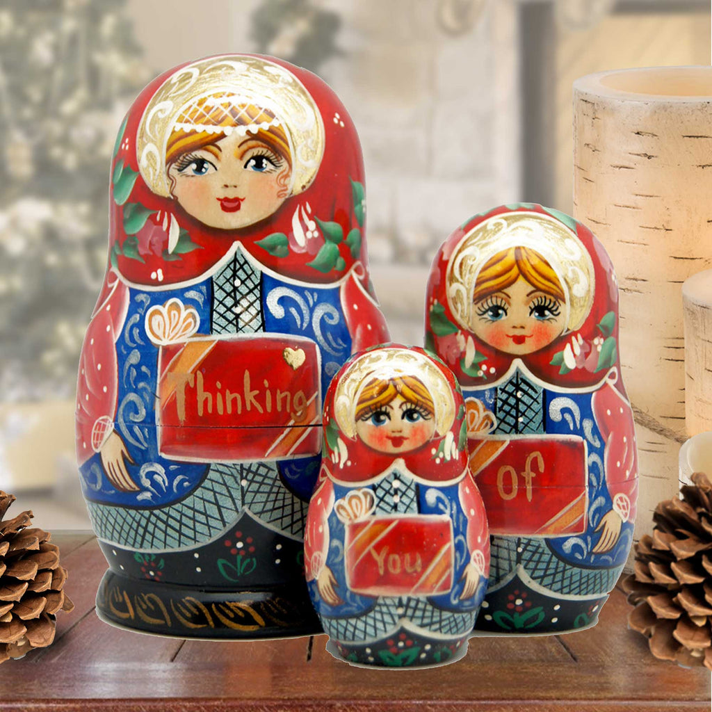 Think of You Matreshka Nesting Hand-Painted Doll Set of 3 by G. DeBrekht - Love Family Kids Decor - 14702