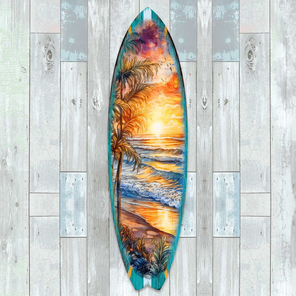 Surfboard Coastal Wall Art - Golden Waves Ocean Sunset Wall Art by G. DeBrekht - Coastal Holiday Decor - 8490136HS