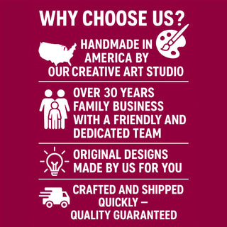 The image is a promotional graphic with text and icons, promoting a creative art studio that offers handmade products, a friendly and dedicated team, original designs, and a quality guarantee.