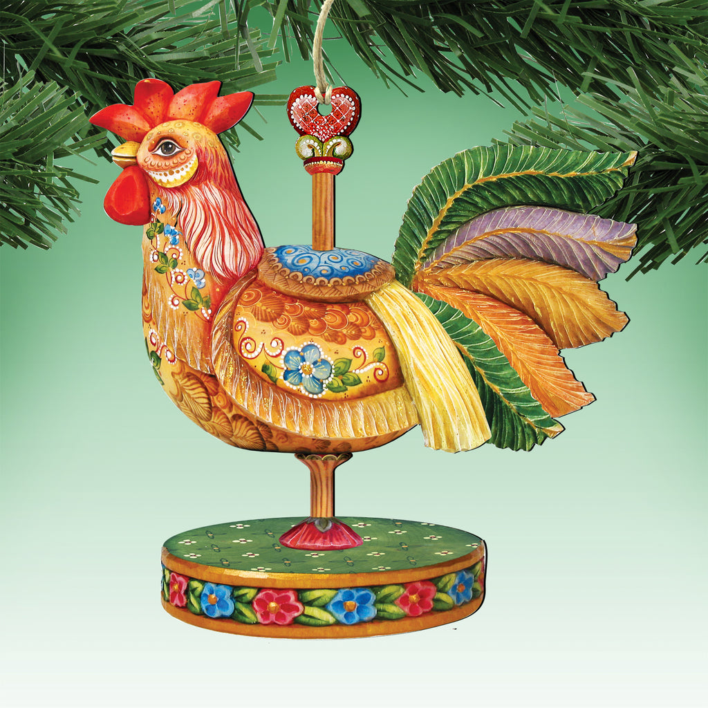A colorful, intricately designed ornament in the shape of a rooster, featuring vibrant colors and detailed patterns.