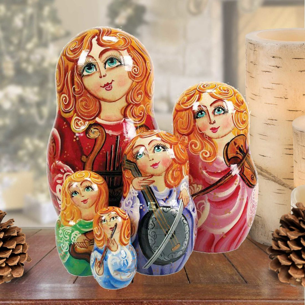 Music Angel Matreshka Stacking Hand-Painted Dolls Set of 5 by G. DeBrekht - Christmas Decor - 130110
