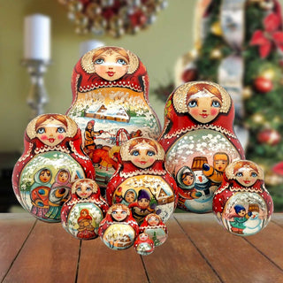 Santa Sleigh Ride Red Matreshka Nesting Hand-Painted Doll Set of 10 by G. DeBrekht - Christmas Santa Snowman Decor - 120021-2