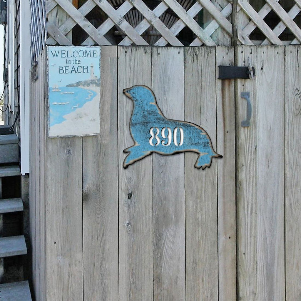 Seal Coastal Wooden Personalized House Number Sign by G. Debrekht - Coastal Sea-Life Decor - Handcrafted Wooden Handcrafted Wooden Handcrafted Wooden Address Sign - MA98532