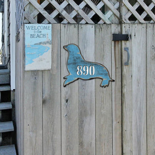 Seal Coastal Wooden Personalized House Number Sign by G. Debrekht - Coastal Sea-Life Decor - Handcrafted Wooden Handcrafted Wooden Handcrafted Wooden Address Sign - MA98532