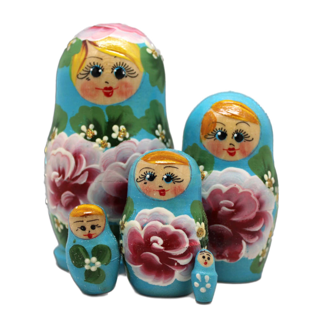Blue Pink Floral Matreshka Nesting Hand-Painted Dolls Set of 5 by G. DeBrekht - Christmas Decor - 140139