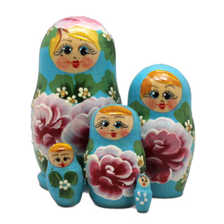Blue Pink Floral Matreshka Nesting Hand-Painted Dolls Set of 5 by G. DeBrekht - Christmas Decor - 140139