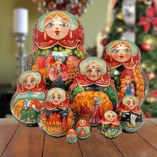 Fairytales Santa Matreshka Nesting Hand-Painted Doll Set of 10 by G. DeBrekht - Christmas Santa Snowman Decor - 120024