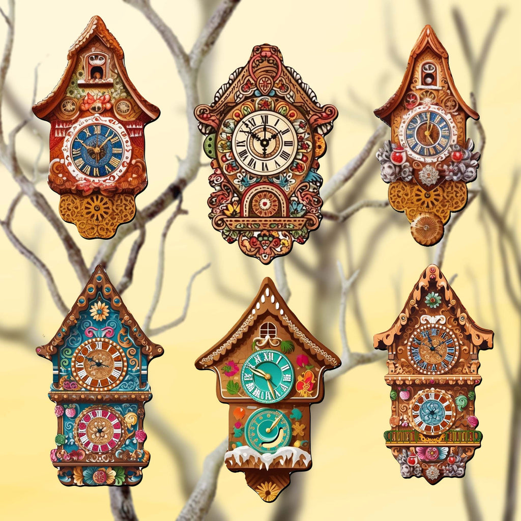 Miniature clock Clip-On Eco Wood Decorative Ornaments Set of 6 by G. Debrekht - Christmas Decor - 8090020C-S6