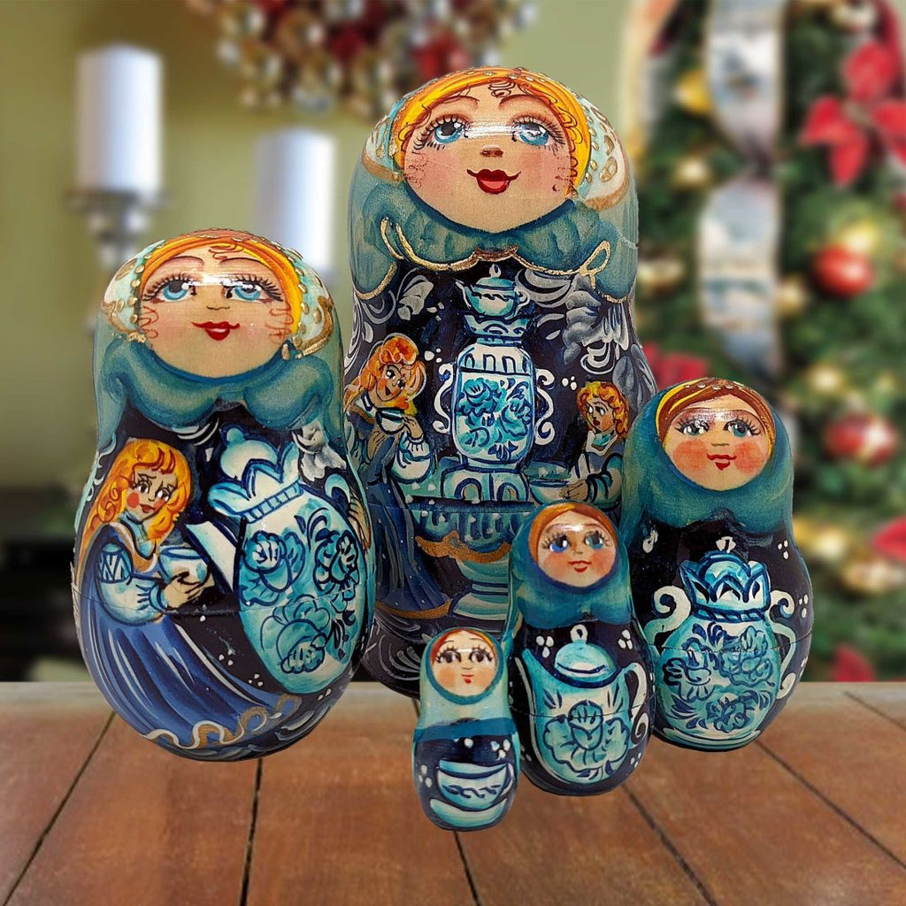 Blue Teapots Matreshka Nesting Hand-Painted Doll Set of 5 by G. DeBrekht - Christmas Decor - 120012
