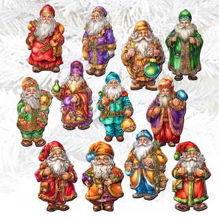 Colorful Santa Clip-On Eco Wood Decorative Ornaments Set of 12 by G. Debrekht - Christmas Decor - 8090050C-S12