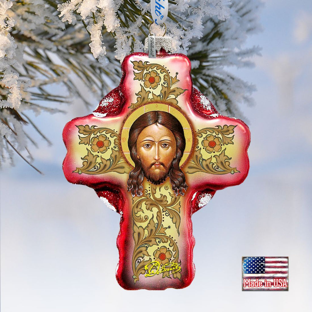 Jesus Face Cross Glass Ornament by G. DeBrekht - Nativity Holiday Decor - 758-006
