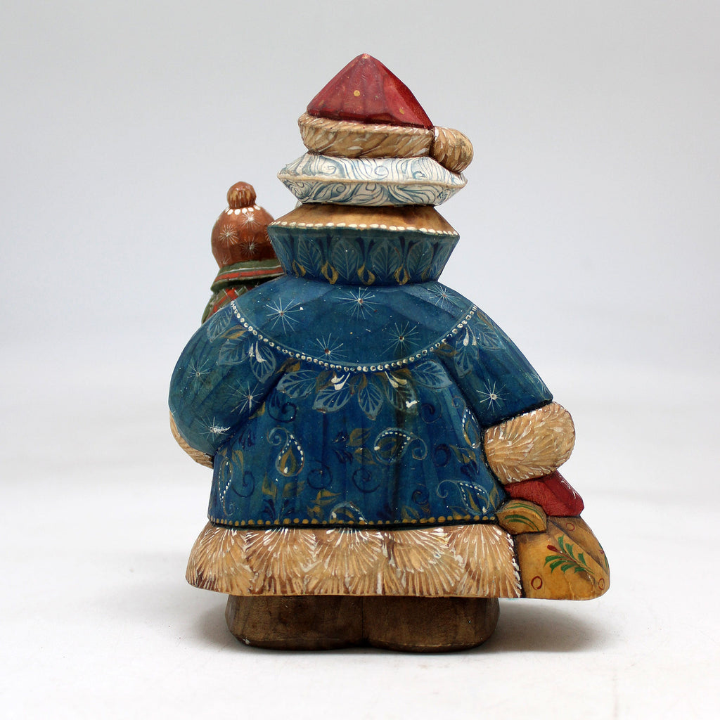 One-of-a-Kind Santa with Girl WOODCARVED Figurine 5.5x4x2.5