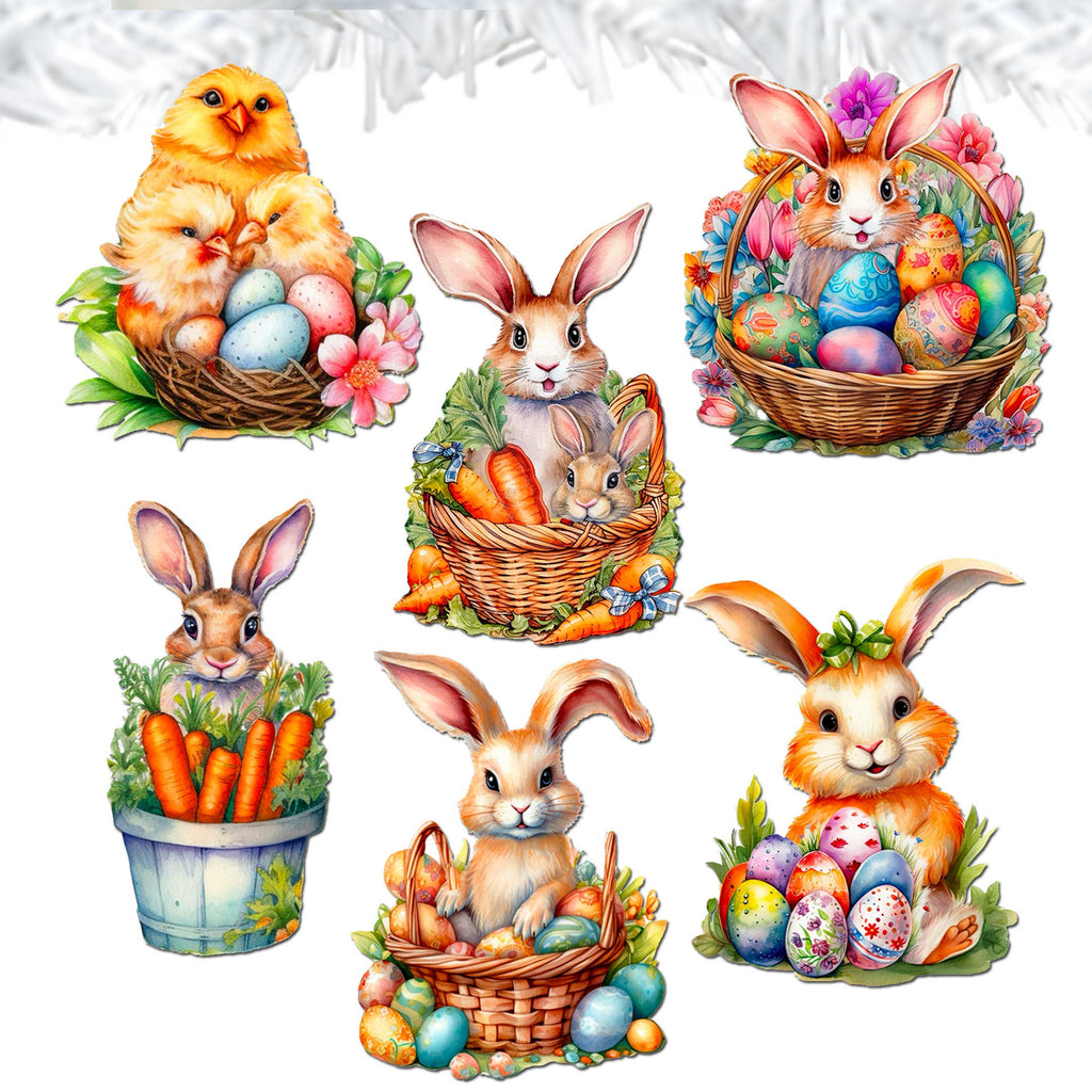 Eggs and Bunnies Clip-On Eco Wood Decorative Ornaments Set of 6 by G. Debrekht - Easter Decor - 8090057C-S6
