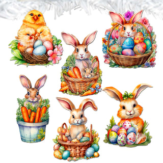 Eggs and Bunnies Clip-On Eco Wood Decorative Ornaments Set of 6 by G. Debrekht - Easter Decor - 8090057C-S6