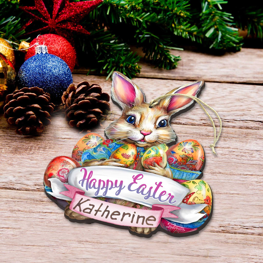 Personalized Easter Ornaments, Personalized Gift, Easter Basket Tag - Baby Name Happy Easter Bunny with Eggs Wooden Ornaments by G. Debrekht Easter Spring Decor - 8652785P