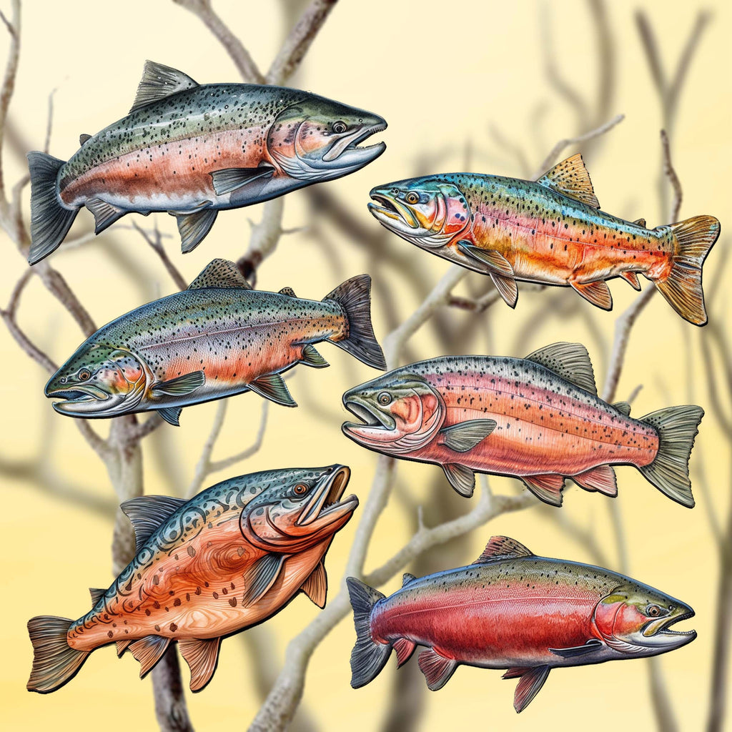 Wild Salmon Tales Clip-On Eco Wood Decorative Ornaments Set of 6 by G. Debrekht - Wildlife Decor - 8090109C-S6