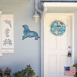 Seal Coastal Wooden Personalized House Number Sign by G. Debrekht - Coastal Sea-Life Decor - Handcrafted Wooden Handcrafted Wooden Handcrafted Wooden Address Sign - MA98532
