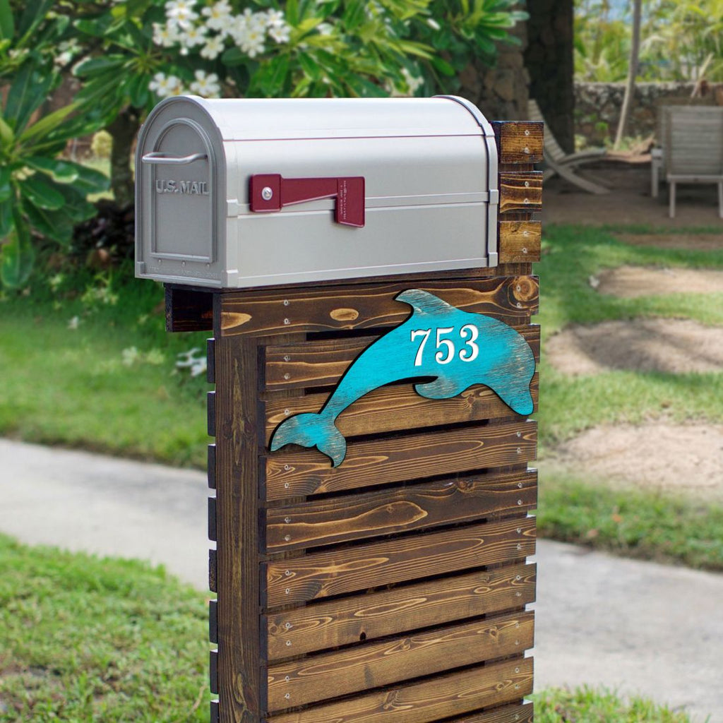 Dolphin Coastal Wooden Personalized House Number Sign by G. Debrekht - Coastal Sea-Life Decor - Handcrafted Wooden Handcrafted Wooden Address Sign - MA985193