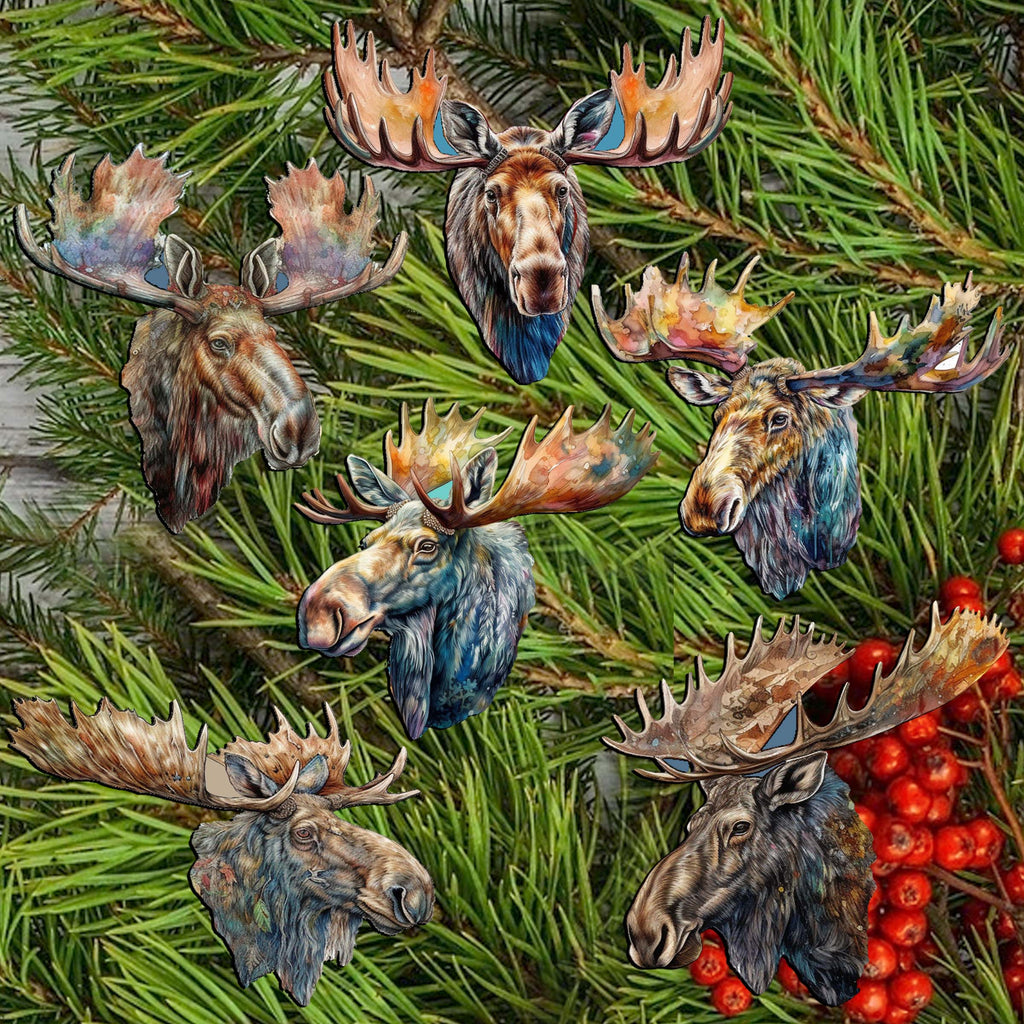 Majestic Moose Clip-On Eco Wood Decorative Ornaments Set of 6 by G. Debrekht - Wildlife Decor - 8090108C-S6
