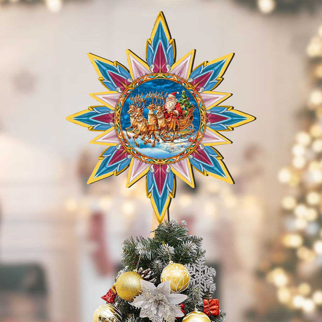 Santa on the Sleigh Star Tree Topper Wooden Decor by G. Debrekht - Santa Snowman Decor - 89516