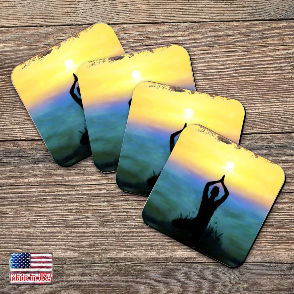 Yoga Wooden Cork Coasters Gift Set of 4 by Nature Wonders - Nature Wildlife Decor - 95385C-S4