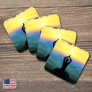 Yoga Wooden Cork Coasters Gift Set of 4 by Nature Wonders - Nature Wildlife Decor - 95385C-S4