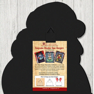 The image is a black silhouette of a door hanging with text and images of the decorative wooden door hangers.