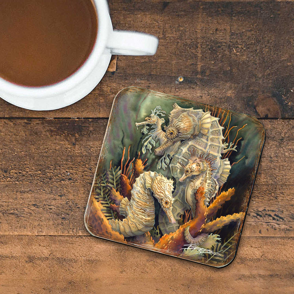 Seahorse Family Wooden Cork Coasters Gift Set of 4 by J. Bergsma - Coastal Decor - 8199454C-S4