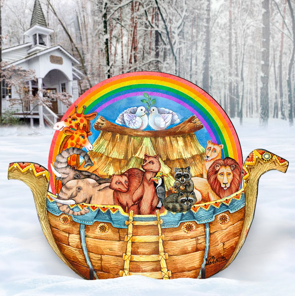 A colorful, whimsical illustration of a boat filled with various animals, including a giraffe, lion, and elephant, floating on a rainbow-colored body of water. The boat is decorated with a sign that reads