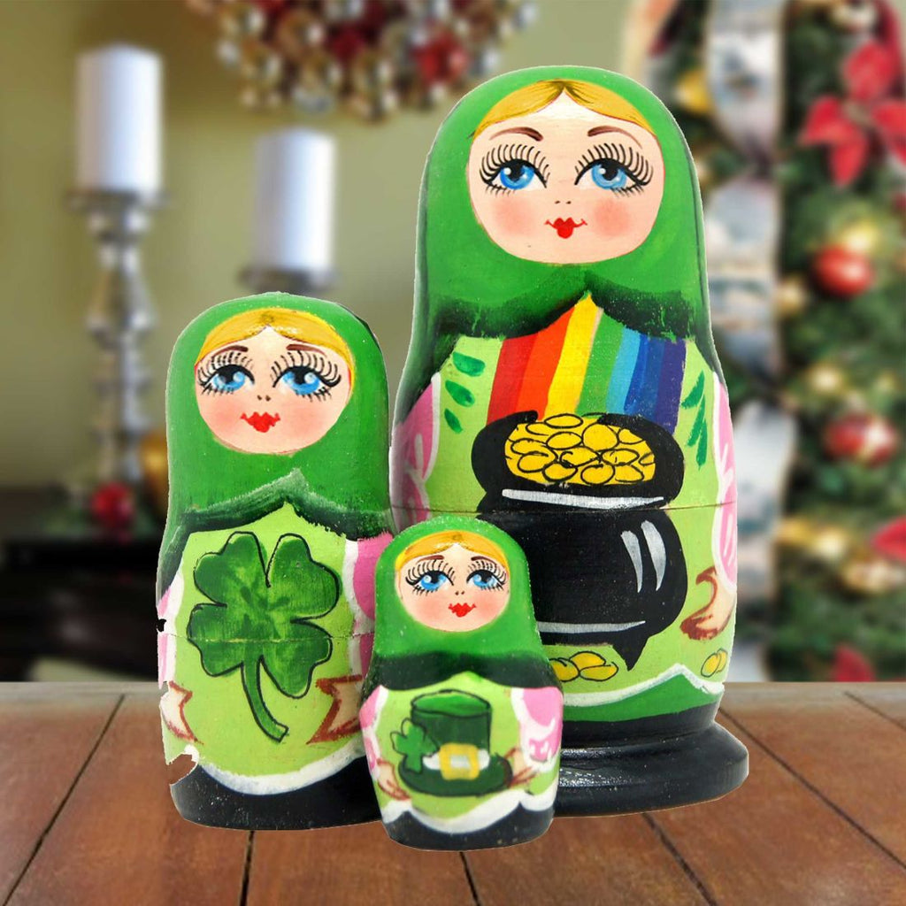Irish Luck Matreshka Nesting Hand-Painted Doll Set of 3 by G. DeBrekht - Celtic Decor - 14714