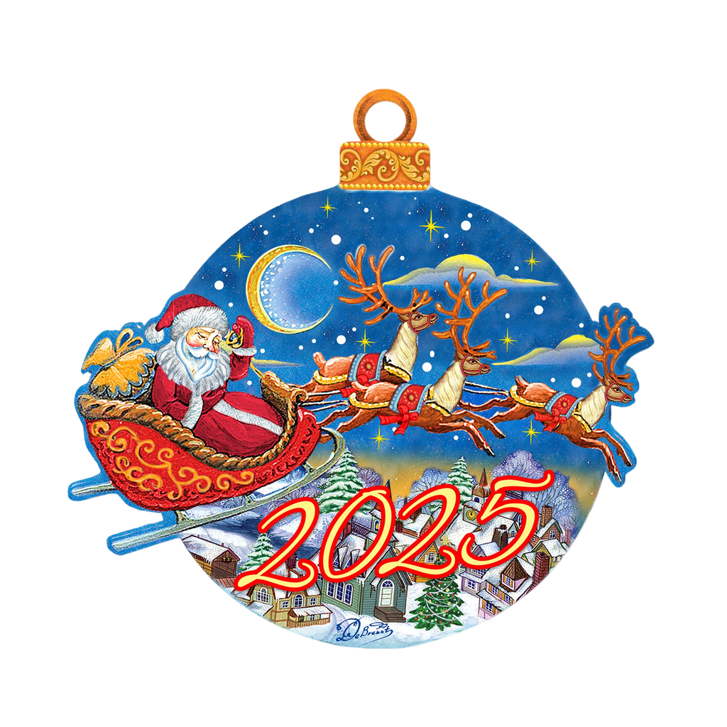 Santa Claus riding a sleigh pulled by reindeer against a night sky with a crescent moon and stars.