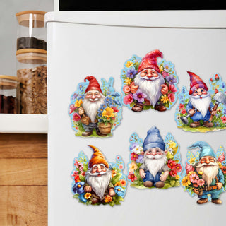 Garden Gnomes Decorative Eco Wood Magnets Set of 6 by G. Debrekht - Easter Spring Decor - 8090030G-S6