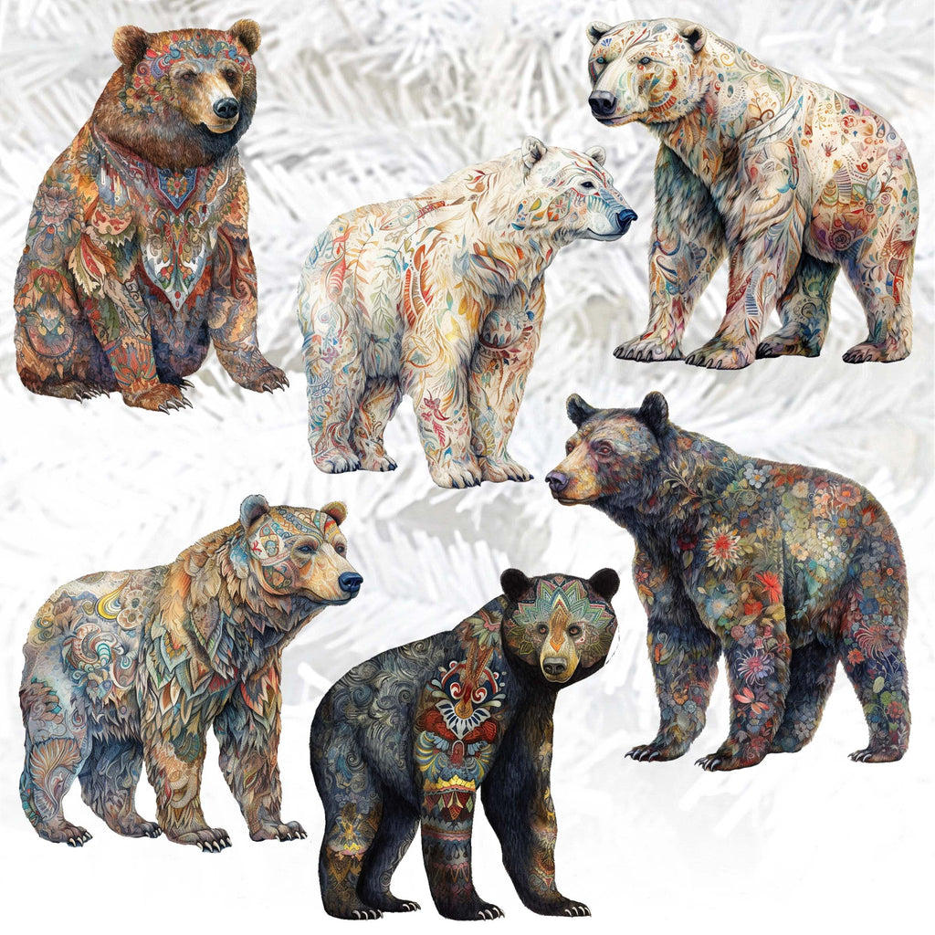 Bear Parade Clip-On Eco Wood Decorative Ornaments Set of 6 by G. Debrekht - Wildlife Decor - 8090106C-S6