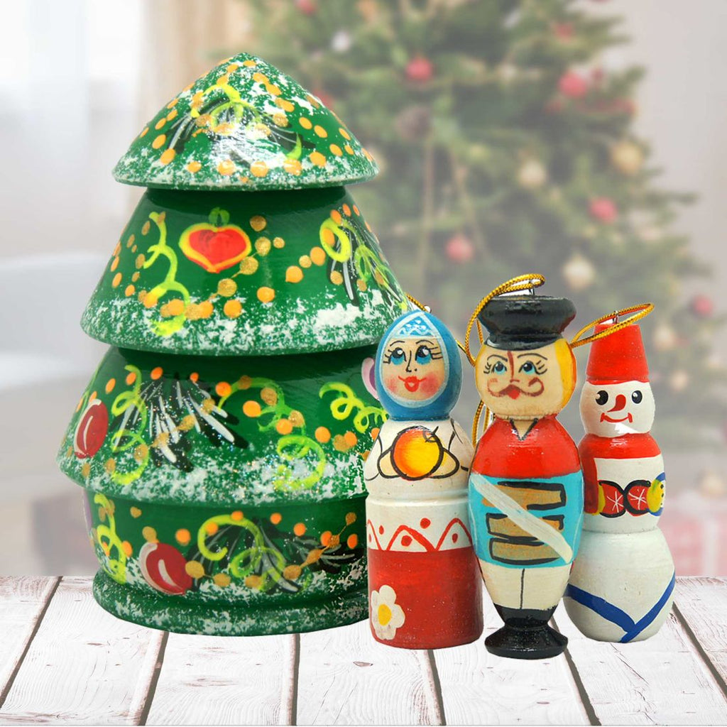 Christmas Tree Hand-Painted Doll with Set of Wooden Ornaments by G. DeBrekht - Christmas Decor - 110802-2