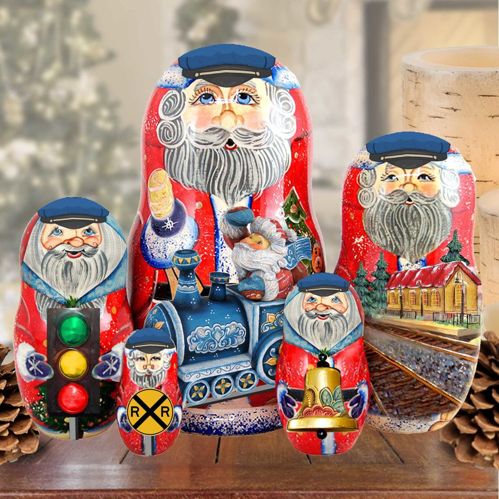 Train Ride Santa Stocking Doll Nesting dolls made from linden wood - are the perfect gift for friends and family. Hand-Painted matryoshka dolls are collectible handcrafted classic Christmas art 110085